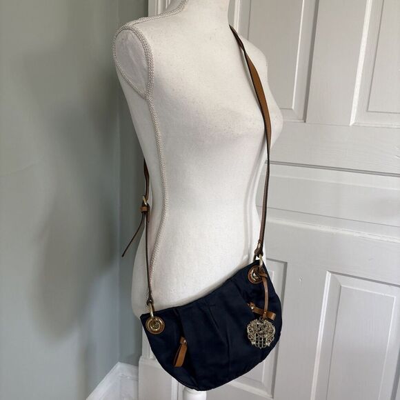 Vince Camuto Handbags - Vince Camuto Cris Blue Nylon Brown Leather Crossbody Tassel Bag Gold